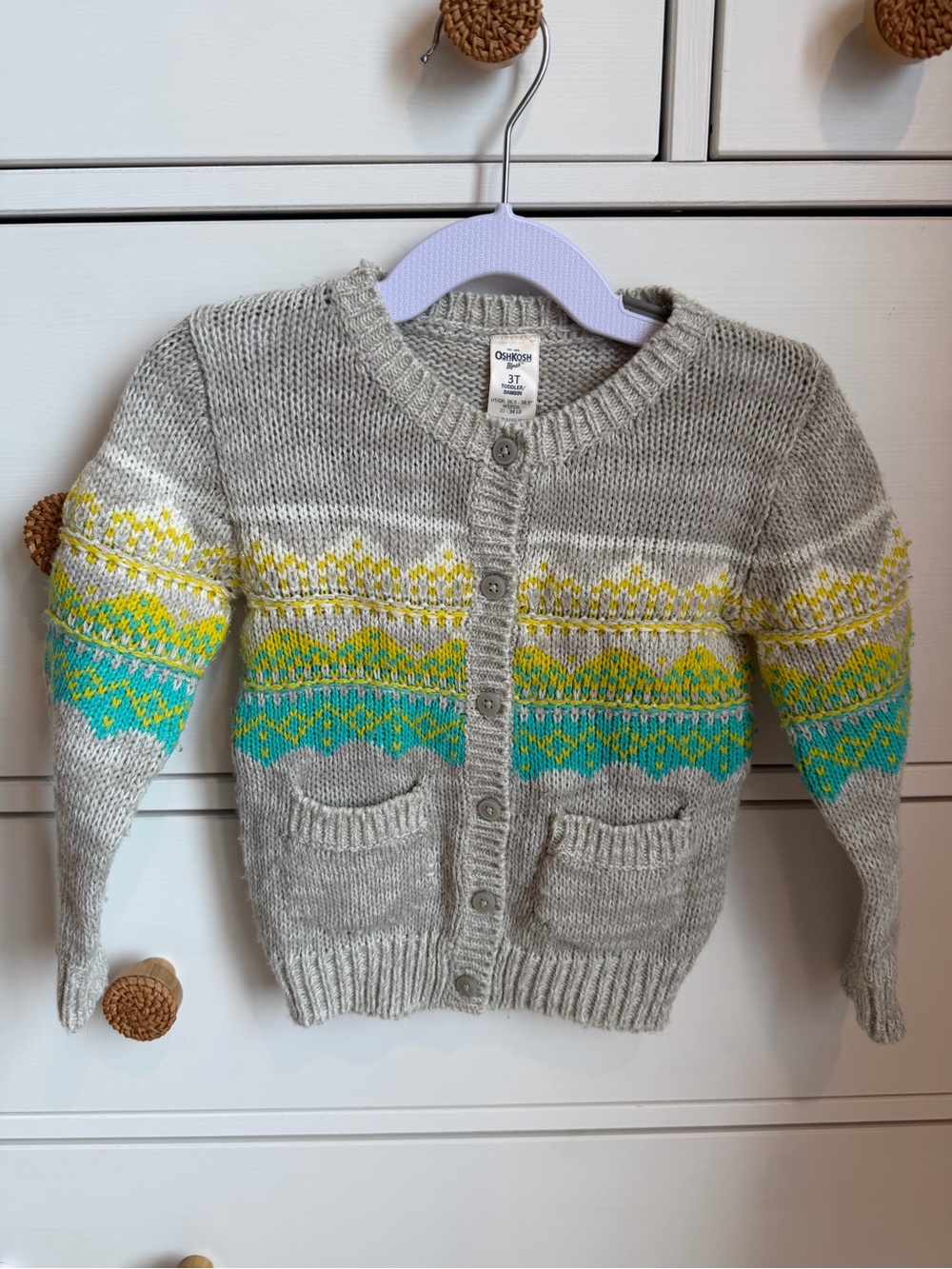 OshKosh B'gosh Light Gray Knit Cardigan with Yellow & Teal Fair Isle 3T Fit 2T